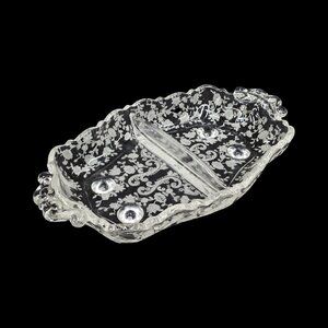 Cambridge Rose Point 2 Part Relish Dish Clear Etched Glass Footed 7.5"
